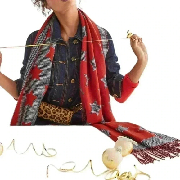 CAbi Vega Black & Red Houndstooth Star Fringe-Trim Scarf - Picture 1 of 3